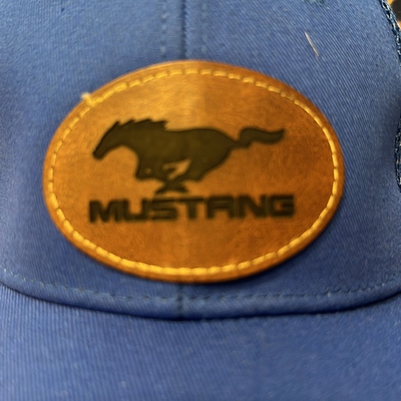 Snap back baseball cap with a custom leather patch that says Mustang. - Picture 2 of 3
